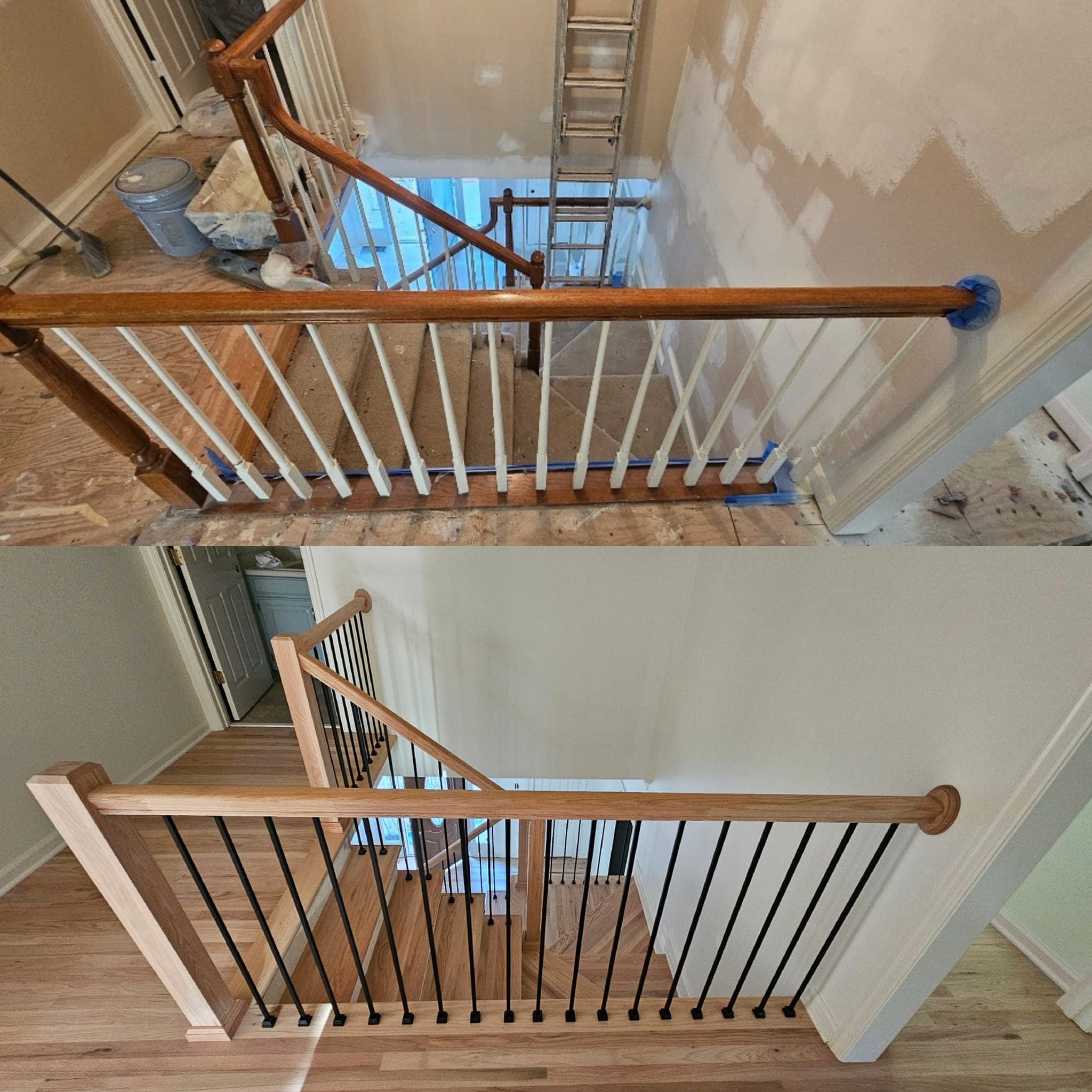 Split panel: landing looking into a foyer, plus a wood stair with black metal balusters