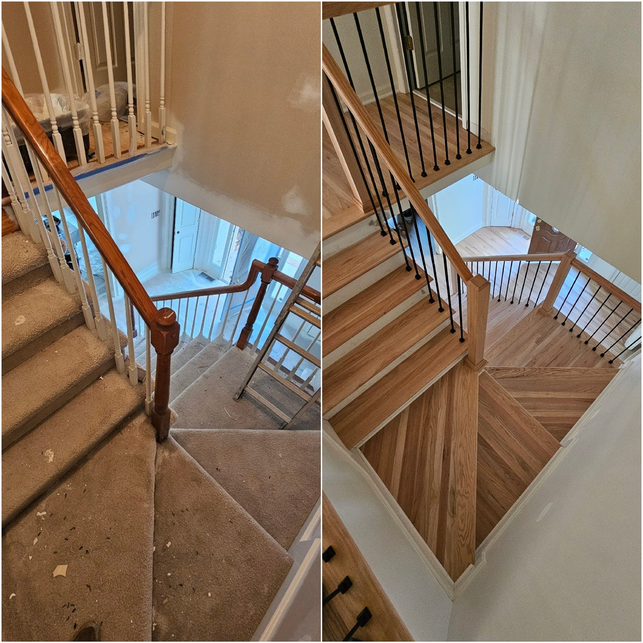 Multi-panel of a light-wood stair install including a top-down curved landing