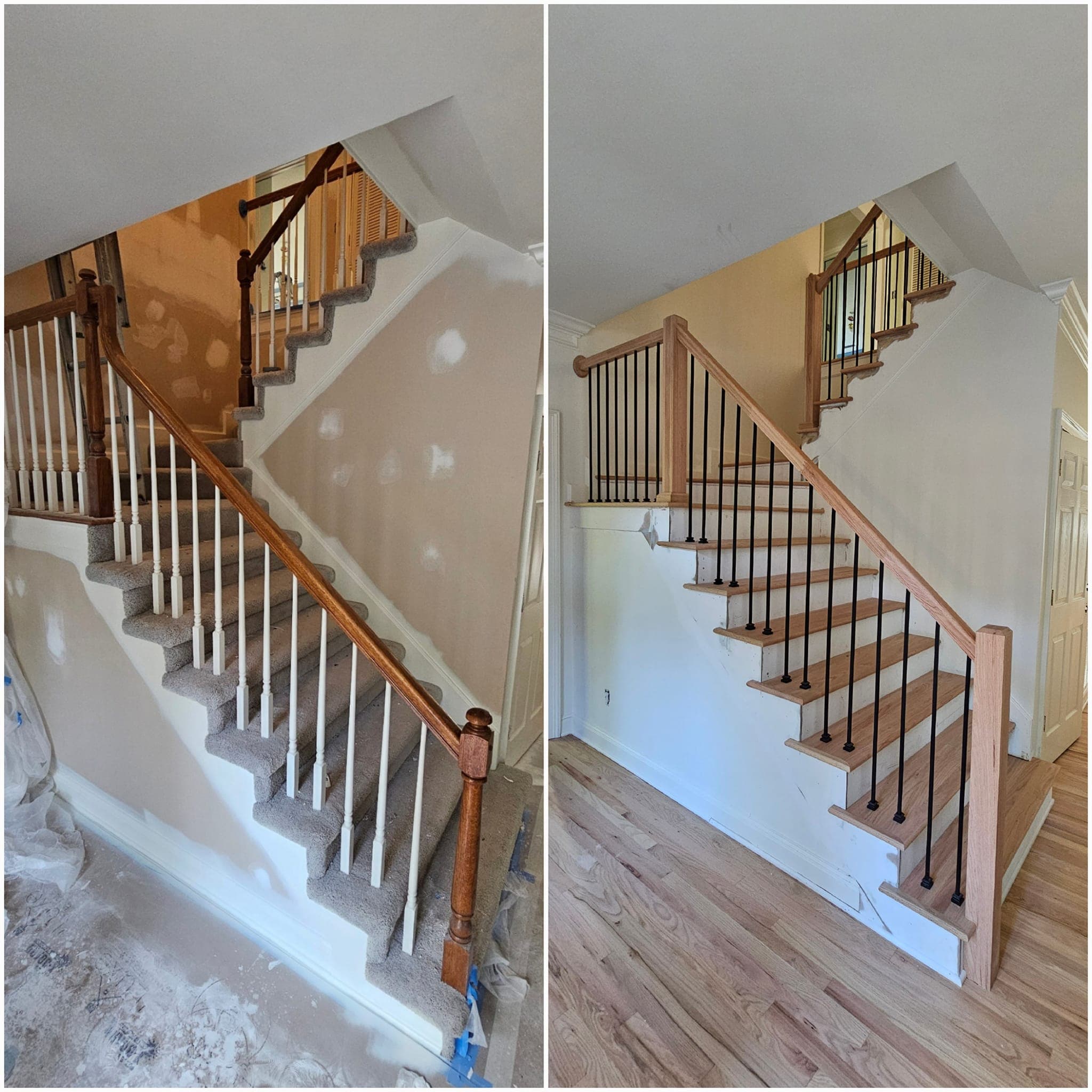 Split panel of a wooden stair with white balusters during wall priming