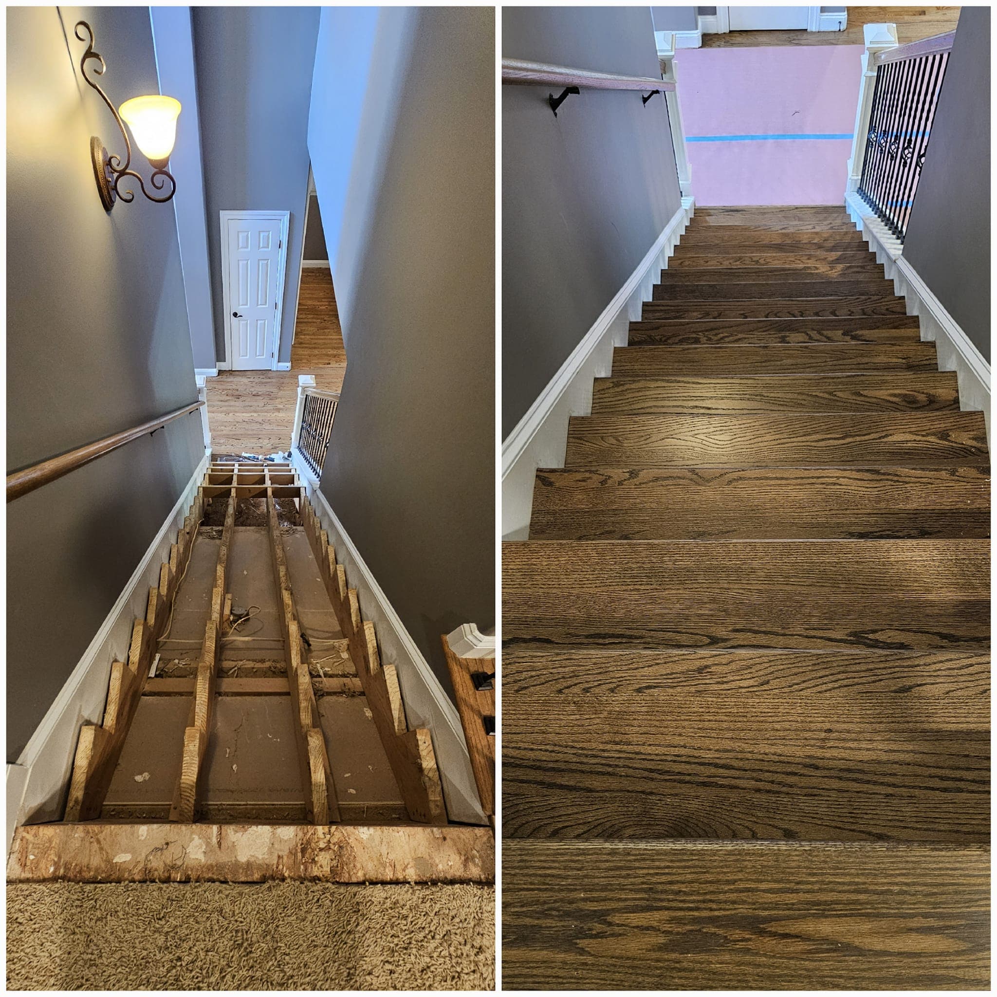 Composite before/after: stair under renovation beside the finished dark-tread stair