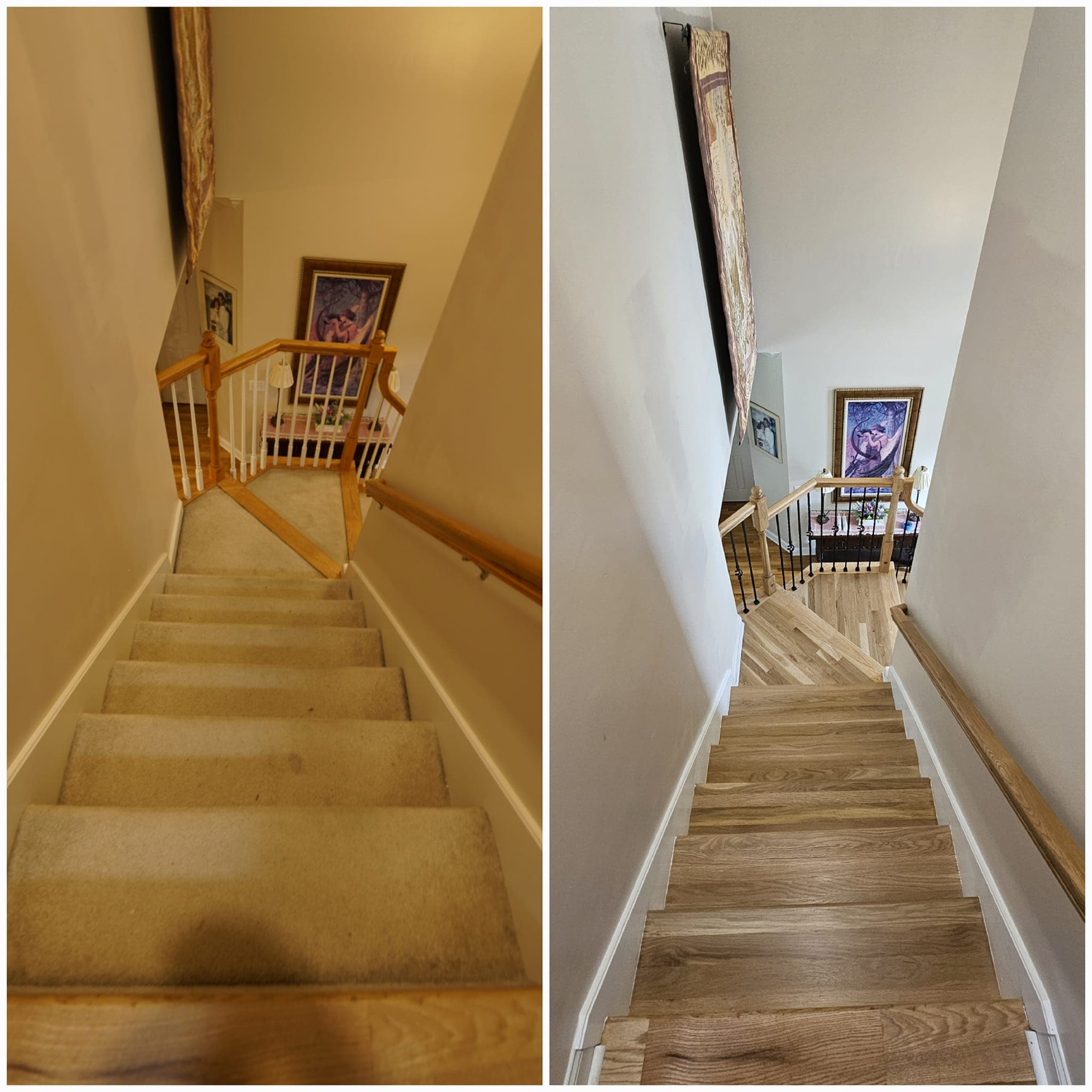 Composite of two top-down views of different wooden staircases