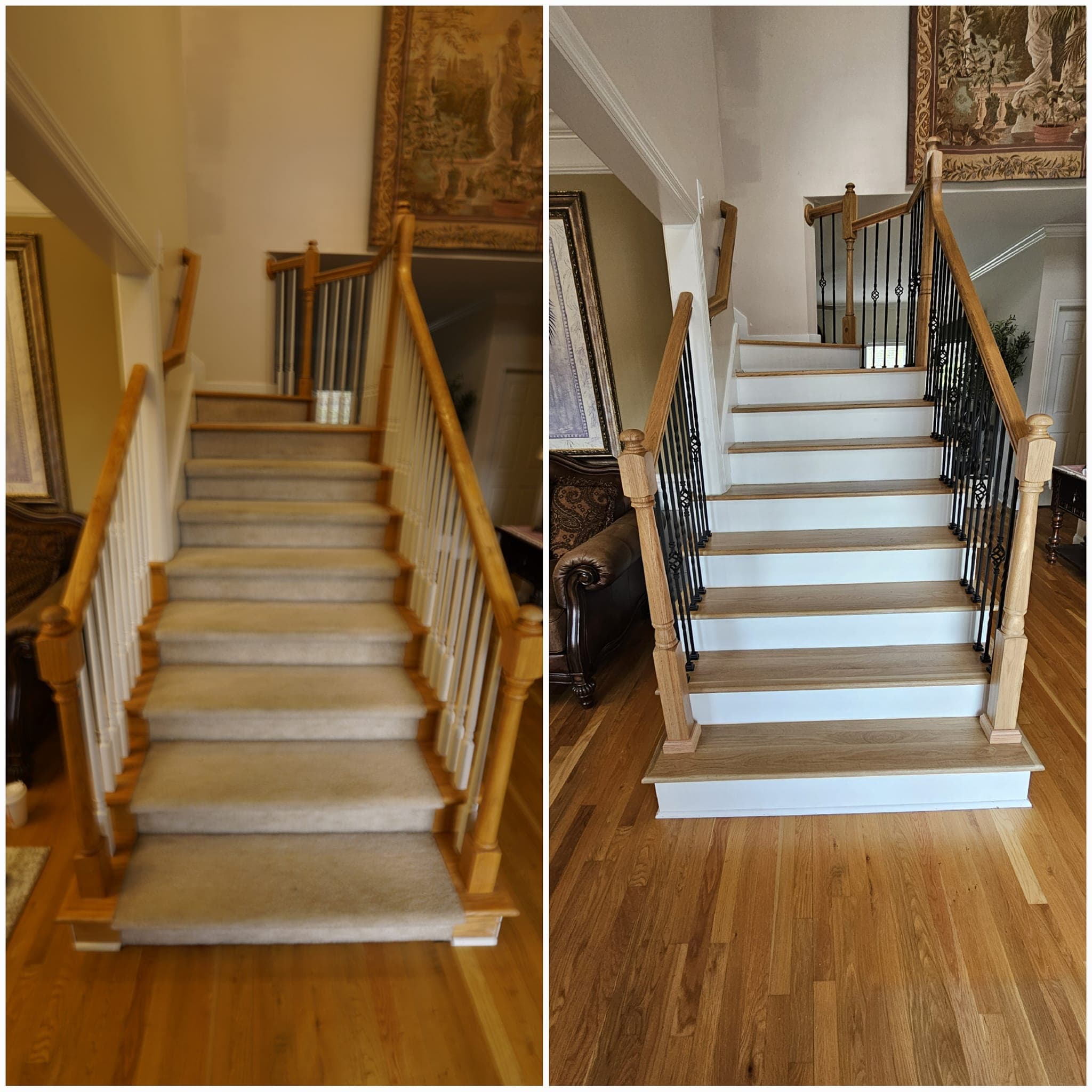 Composite of two angles of a straight light-colored wooden stair