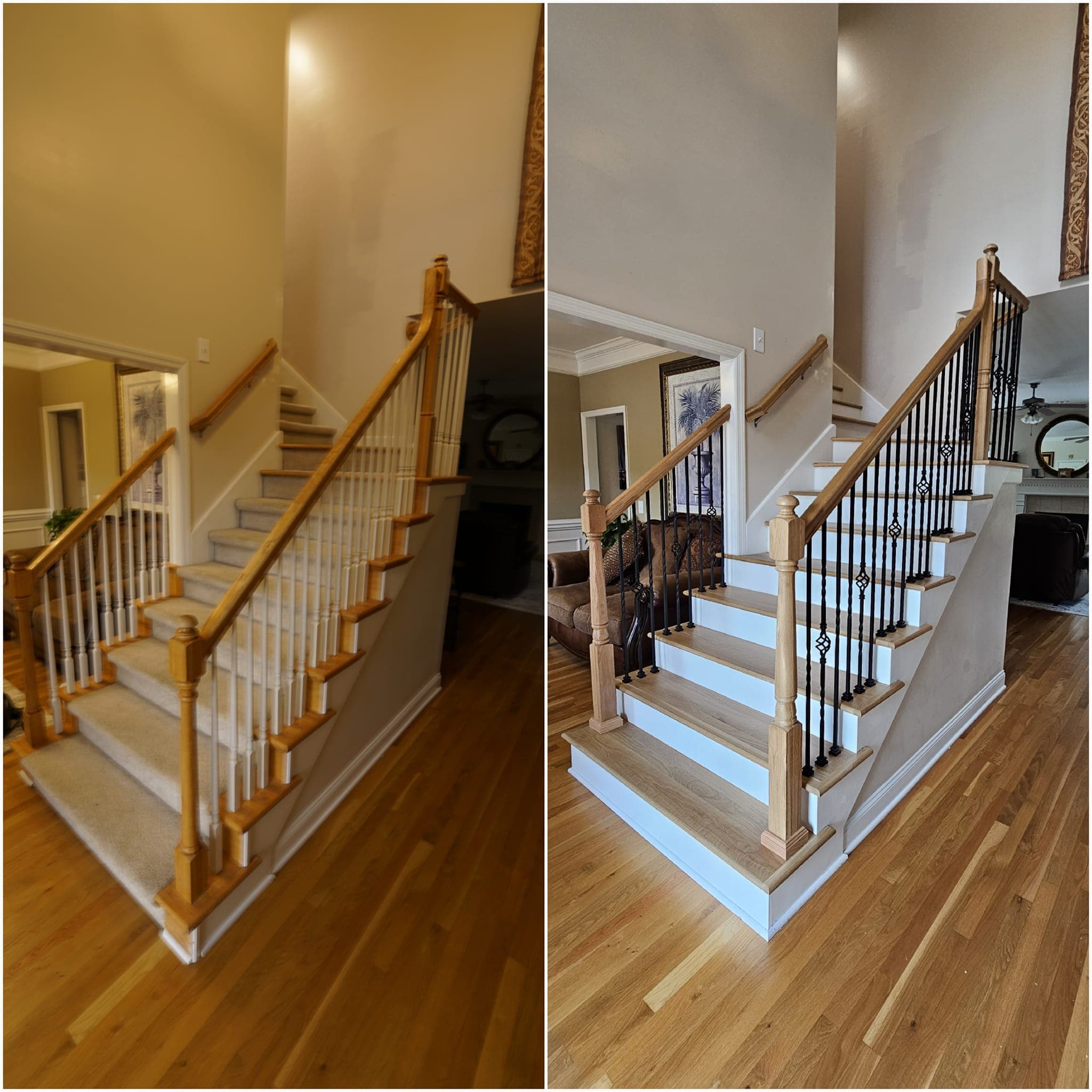Split of two angles of a stair with natural treads, white risers and white spindles
