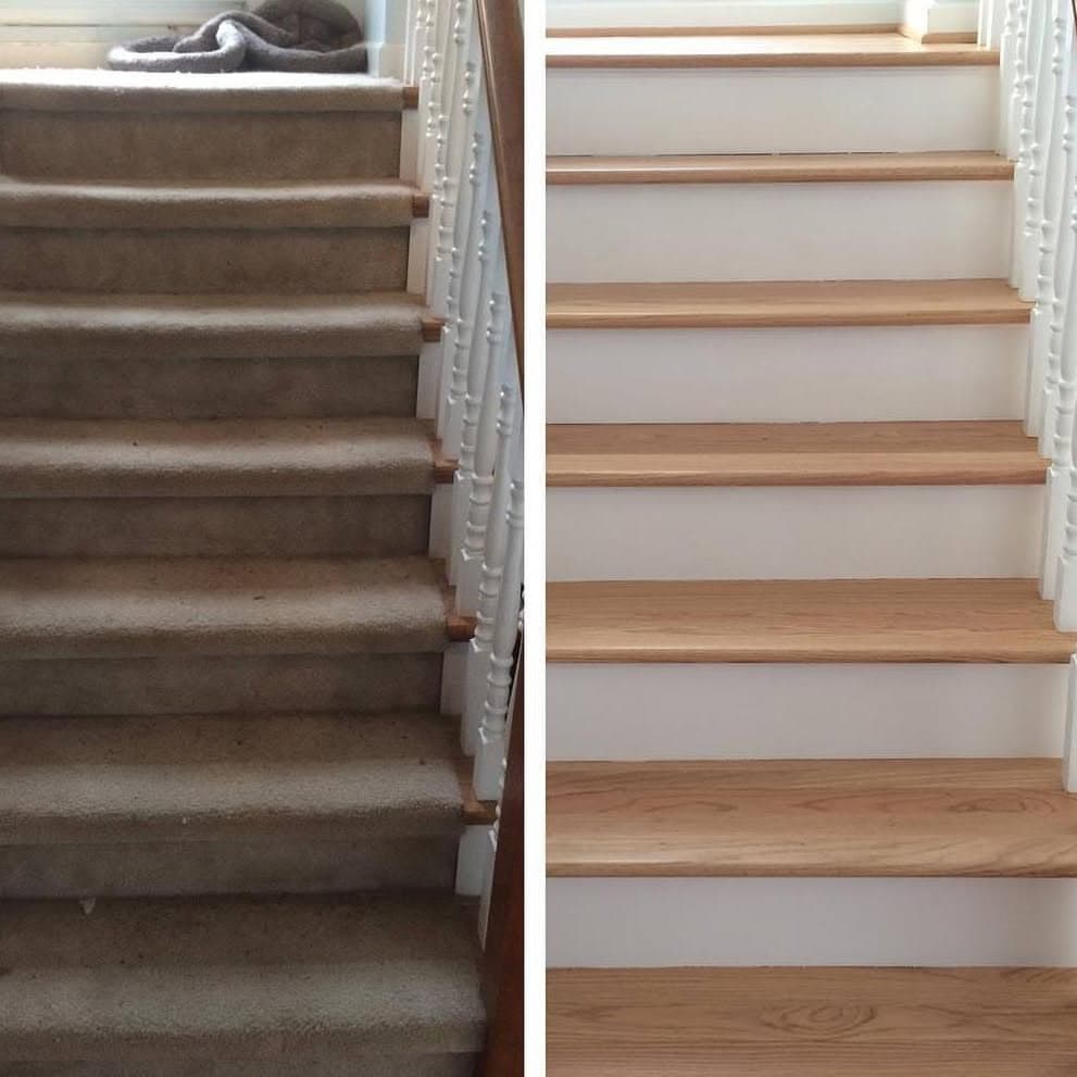 Composite: carpeted stair looking up beside a hardwood stair with white risers
